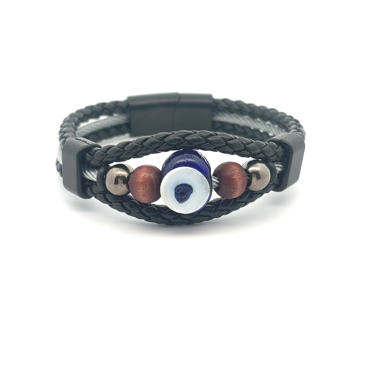 Braided Leather & Wire Evil Eye Beaded Bracelet
