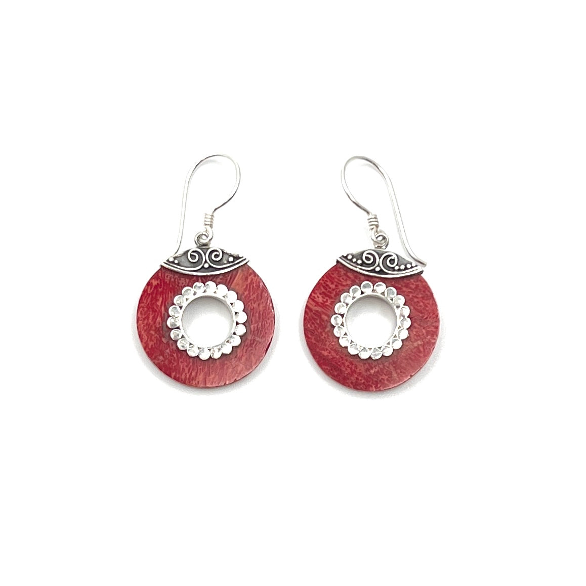 Sterling Silver Red Coral Circle Earrings