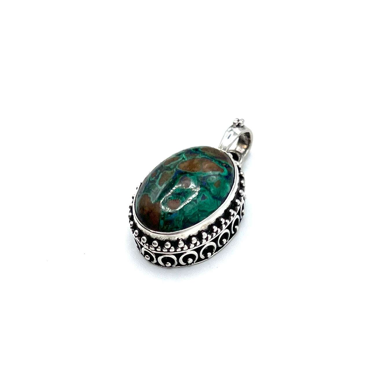 Sterling Silver Beaded Azurite & Malachite Oval Pendants