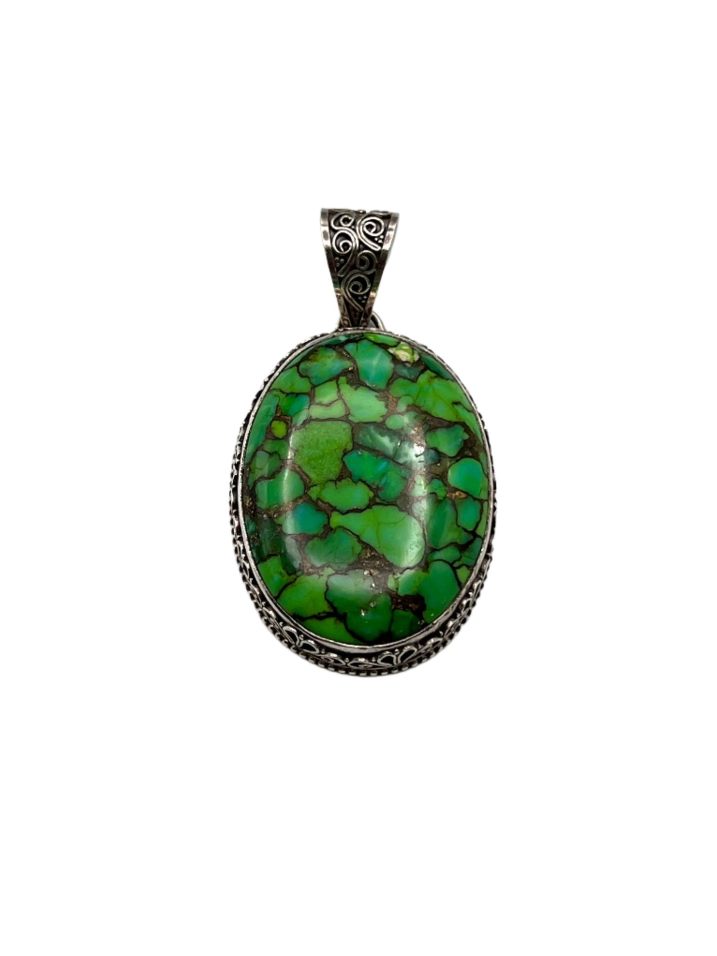 Sterling Silver Filigree Large Green Turquoise Pendants