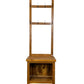 A wooden coat rack bench with a shelf below and multiple hooks at the top