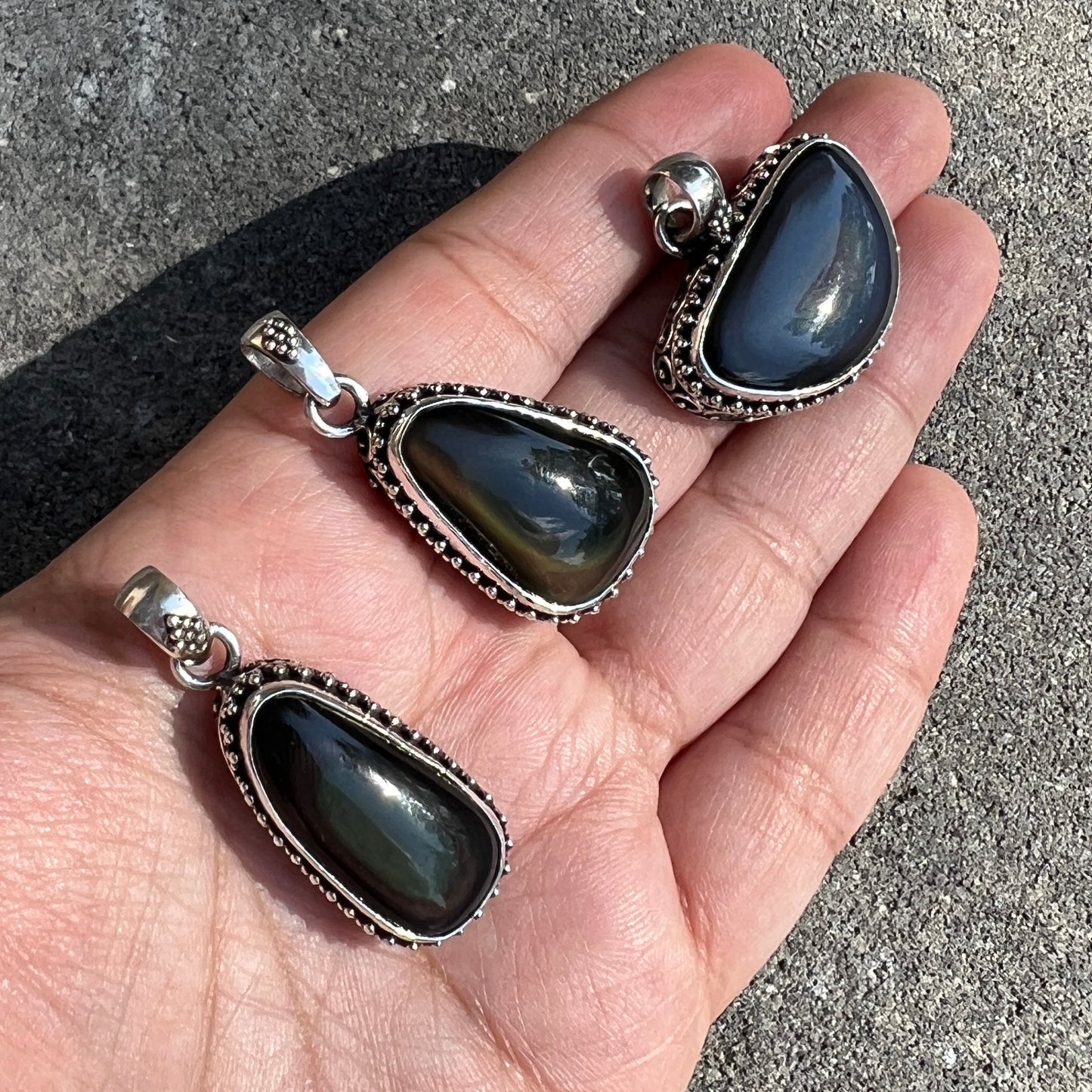 Sterling Silver Beaded Rainbow Obsidian Pendants