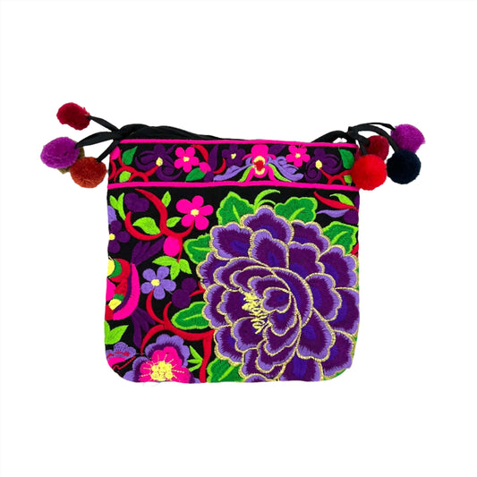 Embroidered Lotus Crossbody Bags w/ Pompoms