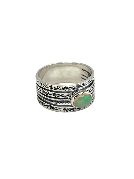 Sterling Silver Oval Opal Flower Band Ring