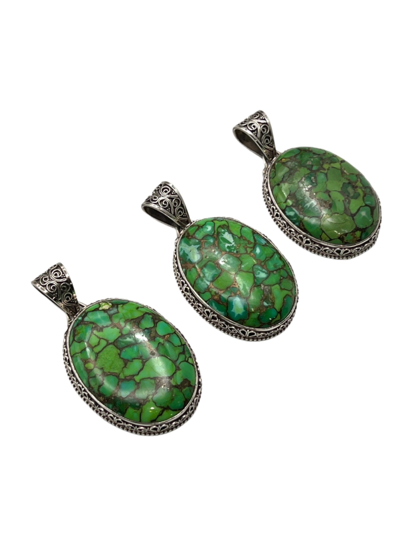 Sterling Silver Filigree Large Green Turquoise Pendants