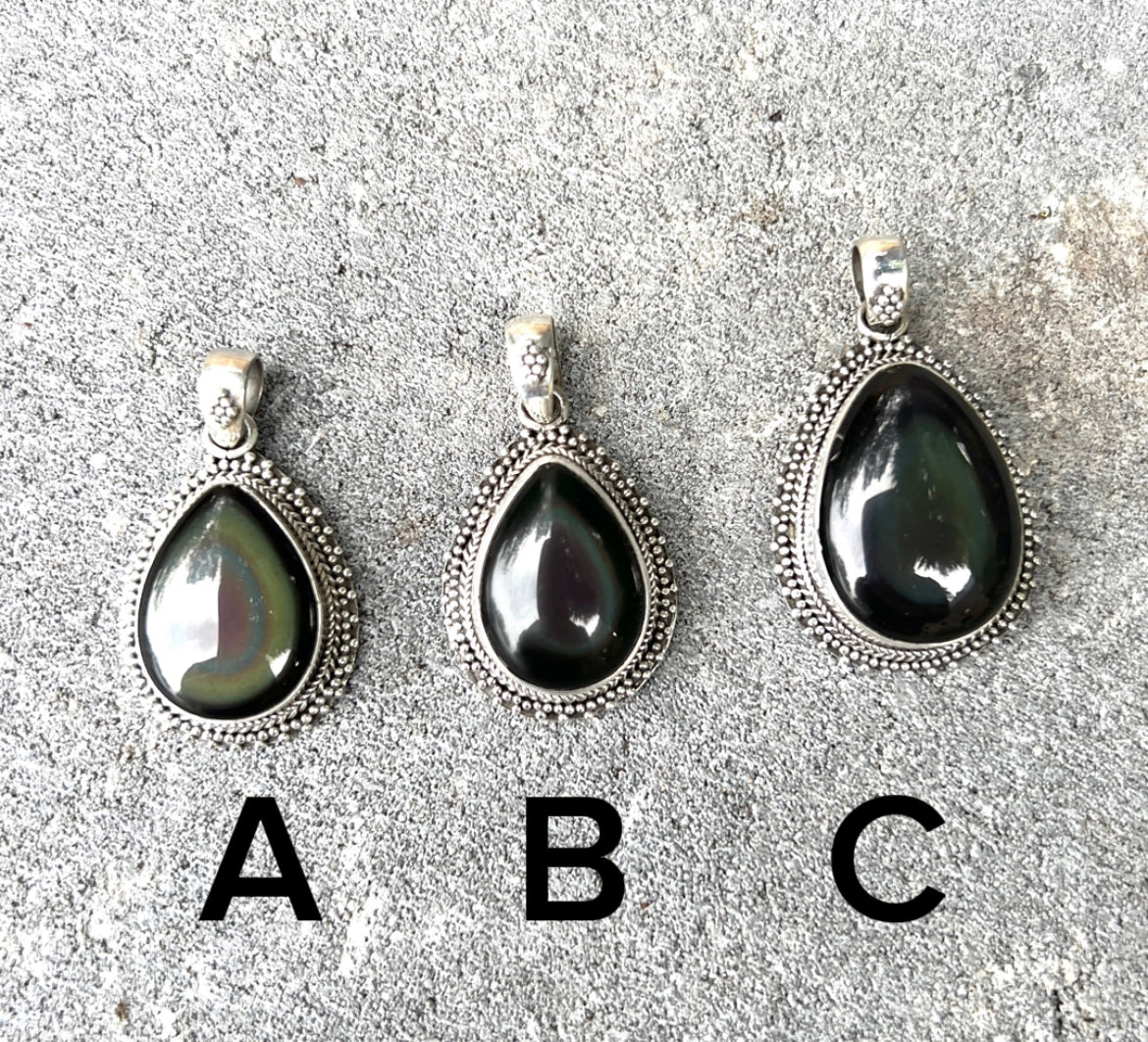 Sterling Silver Rainbow Obsidian Teardrop Pendants