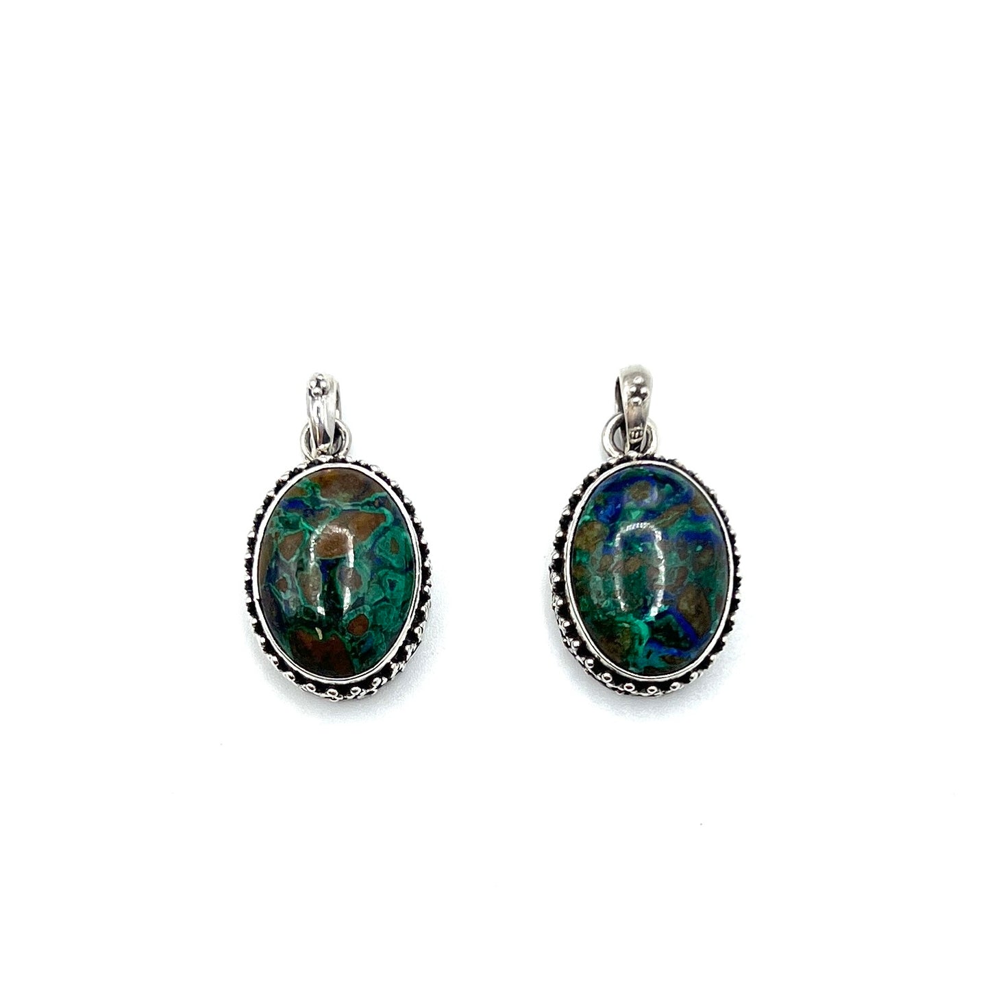 Sterling Silver Beaded Azurite & Malachite Oval Pendants