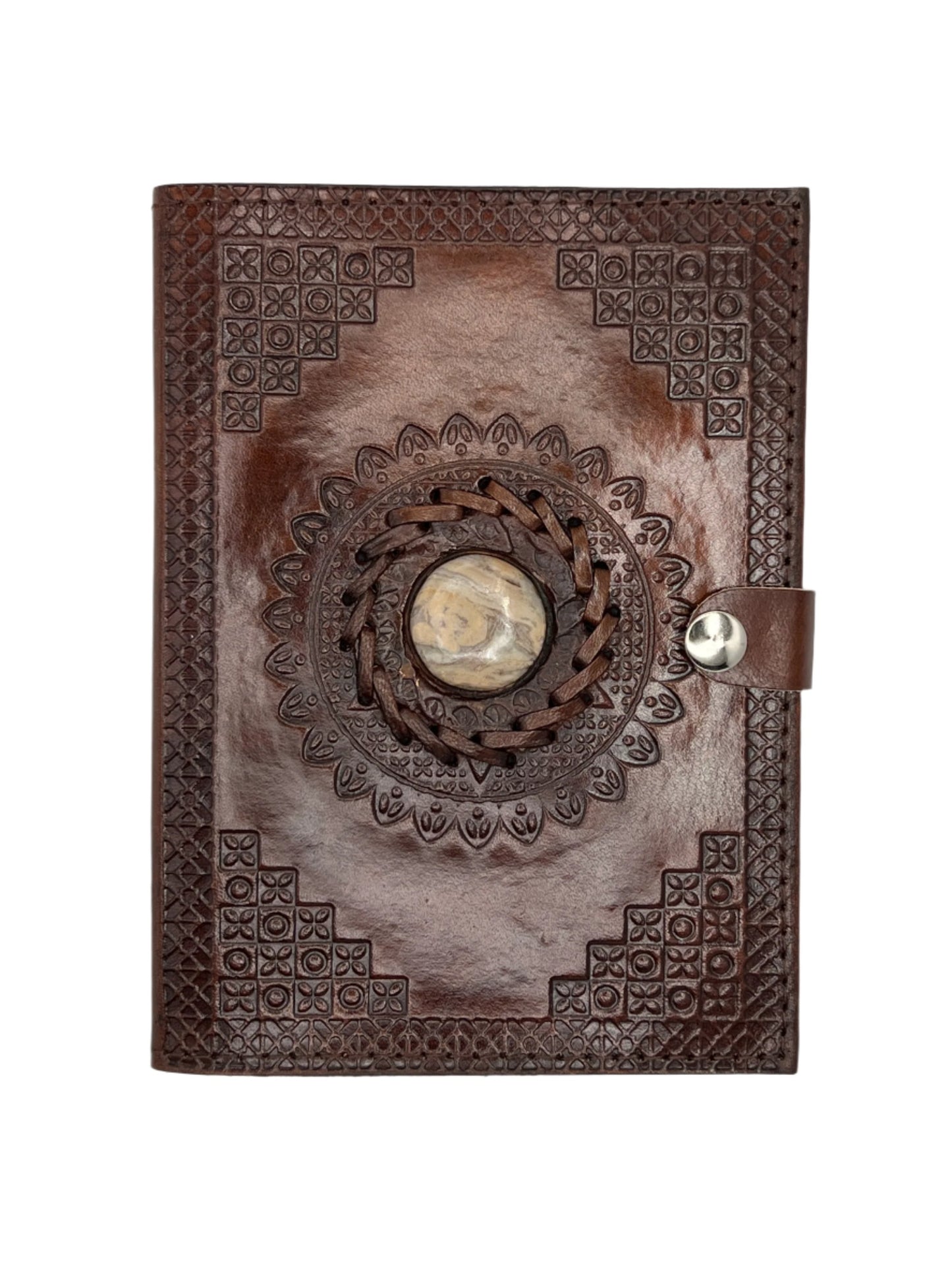 Camel Leather Gemstone Journal | Blocked Leaf Mandala | 7" x 5" x 1/2"