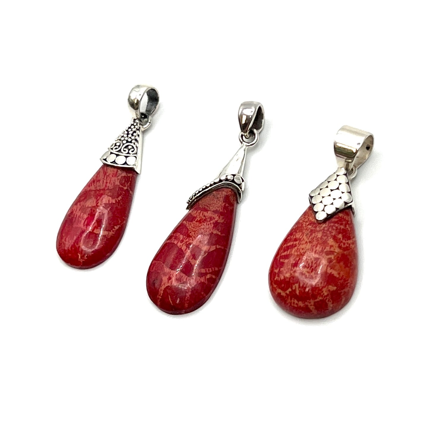 Sterling Silver Red Coral Beaded Teardrop Pendant