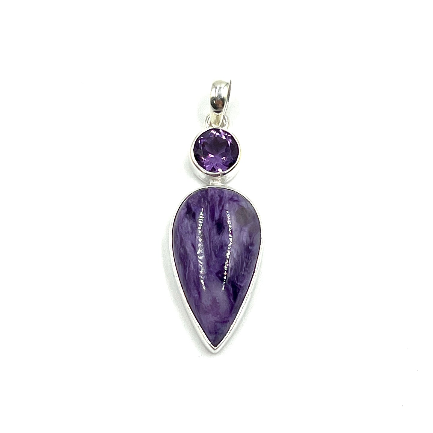 Sterling Silver Amethyst & Charoite Teardrop Pendants