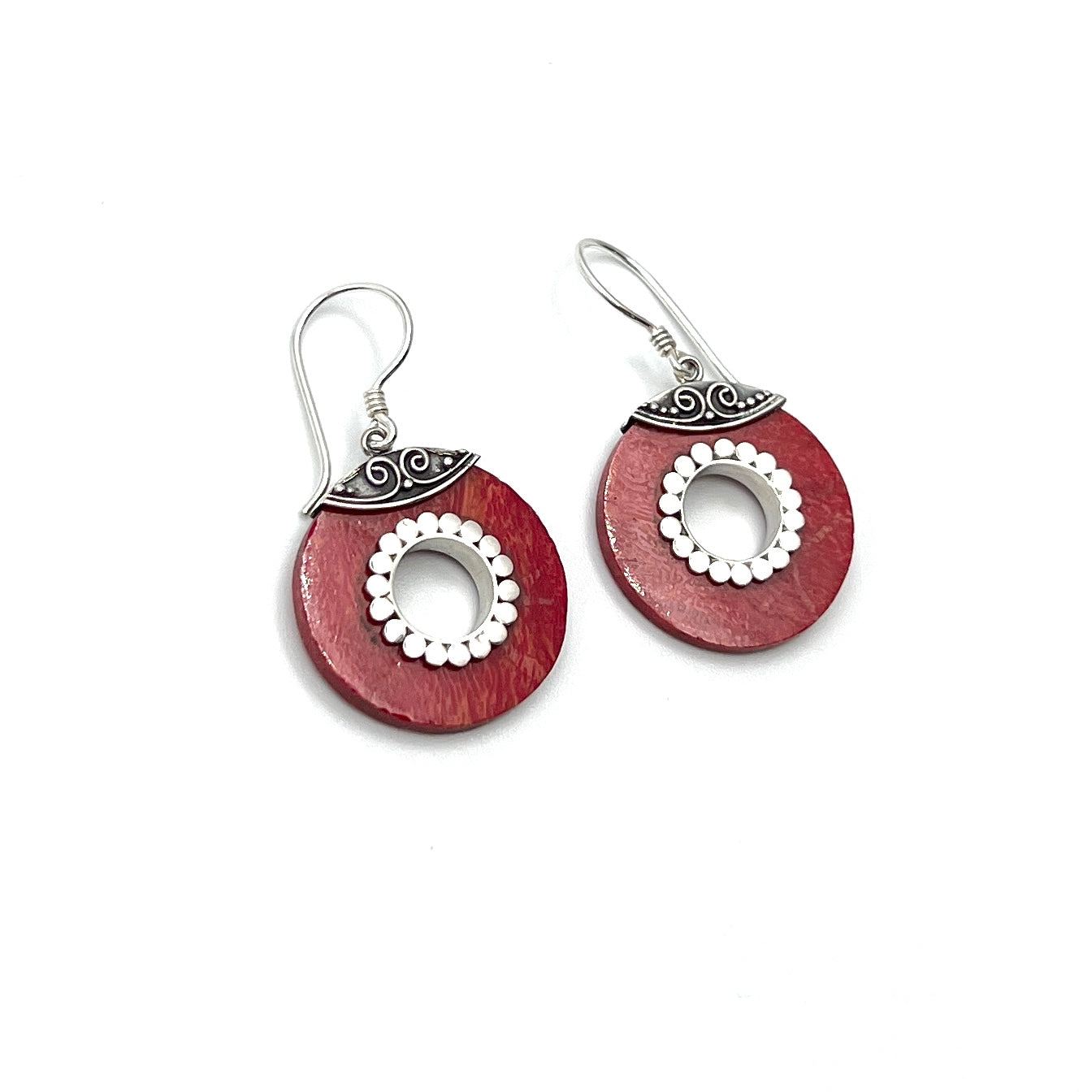 Sterling Silver Red Coral Circle Earrings