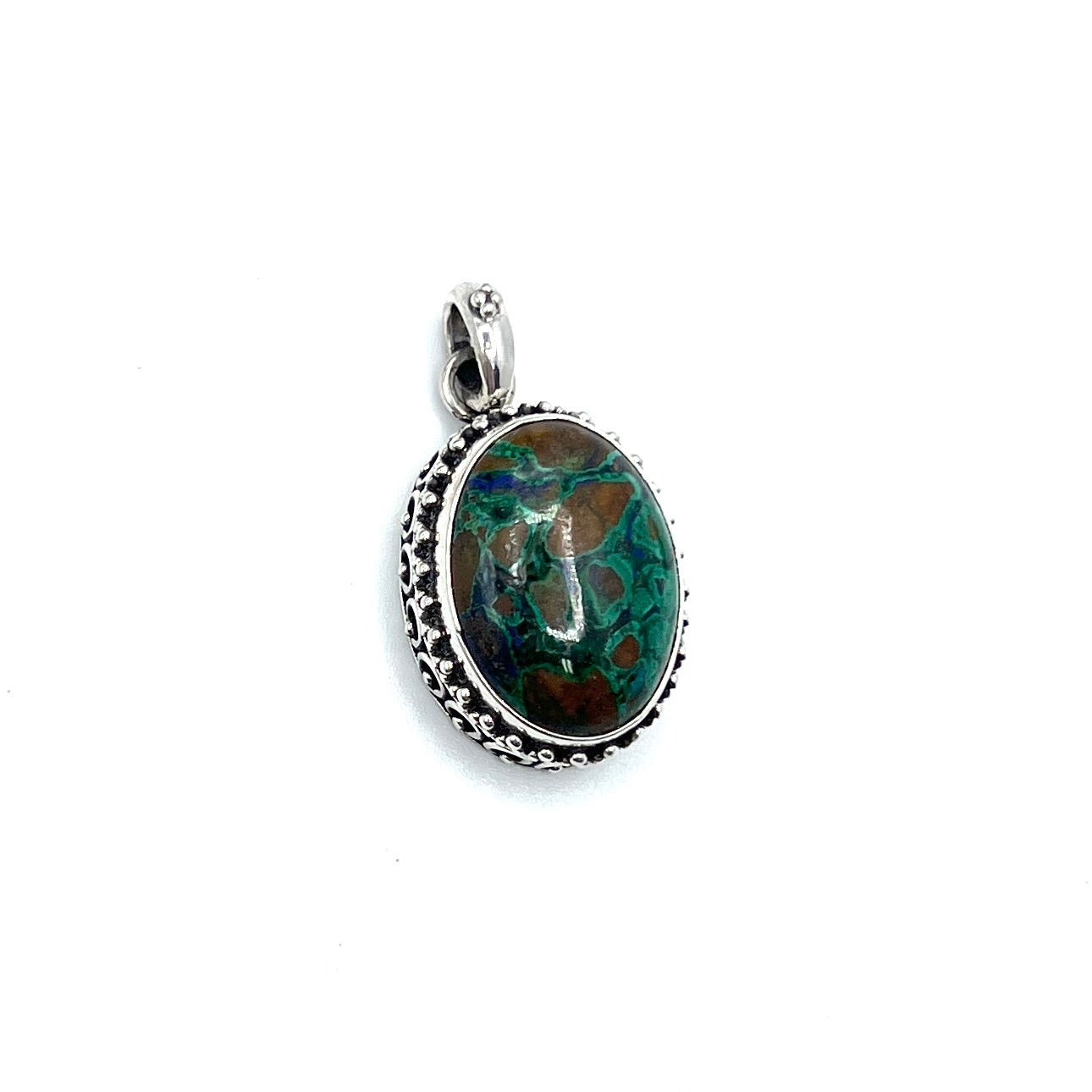 Sterling Silver Beaded Azurite & Malachite Oval Pendants