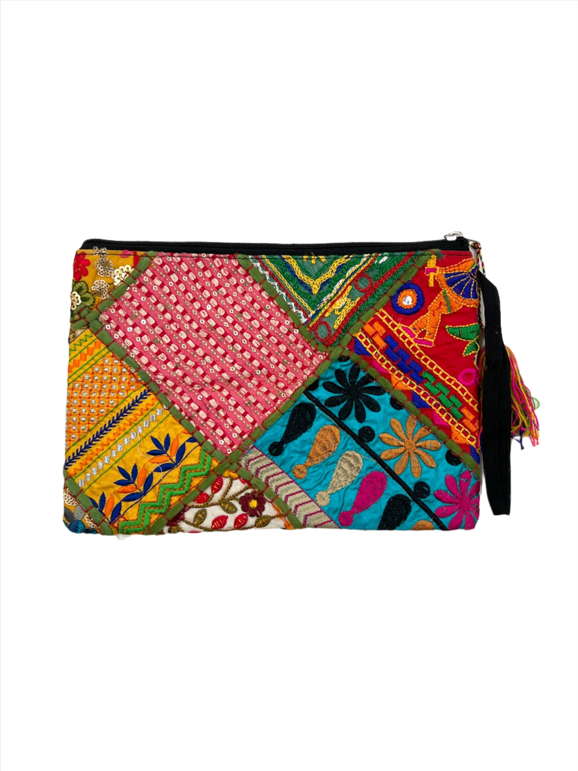 Rectangle Recycled Hand Embroidered Rajasthani Zipper Bag | Tassel