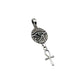 Silver pendant with eye design and ankh symbol on a light gray background