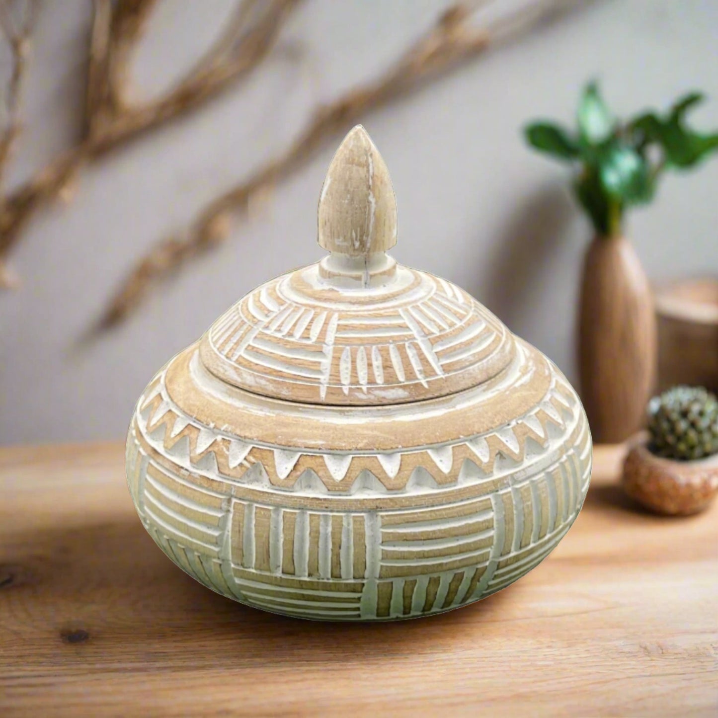 Hand carved white bowl with lid, front view