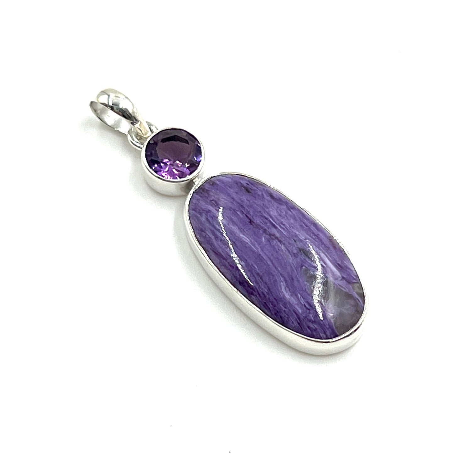 Sterling Silver Amethyst & Charoite Oval Pendants