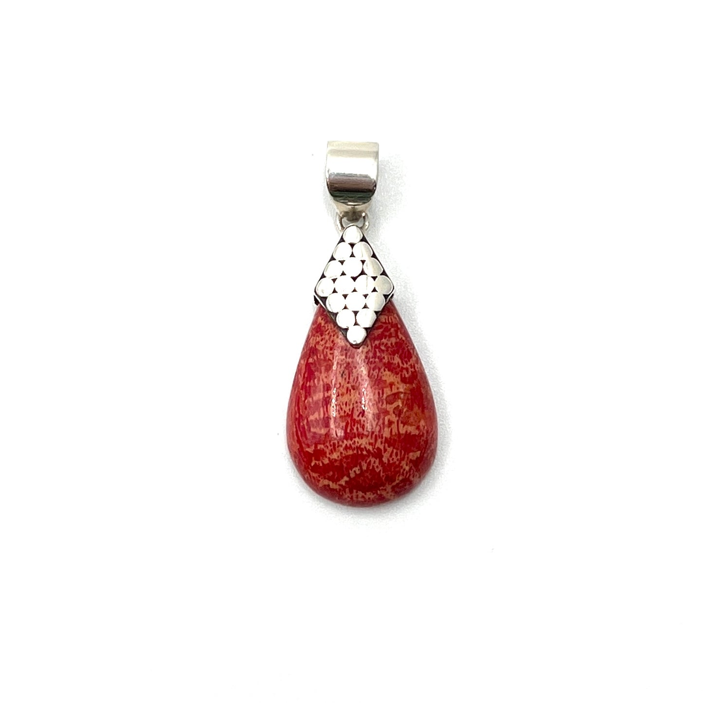 Sterling Silver Red Coral Beaded Teardrop Pendant