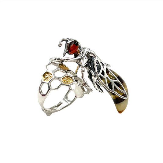 Sterling Silver Queen Bee Amber Rings