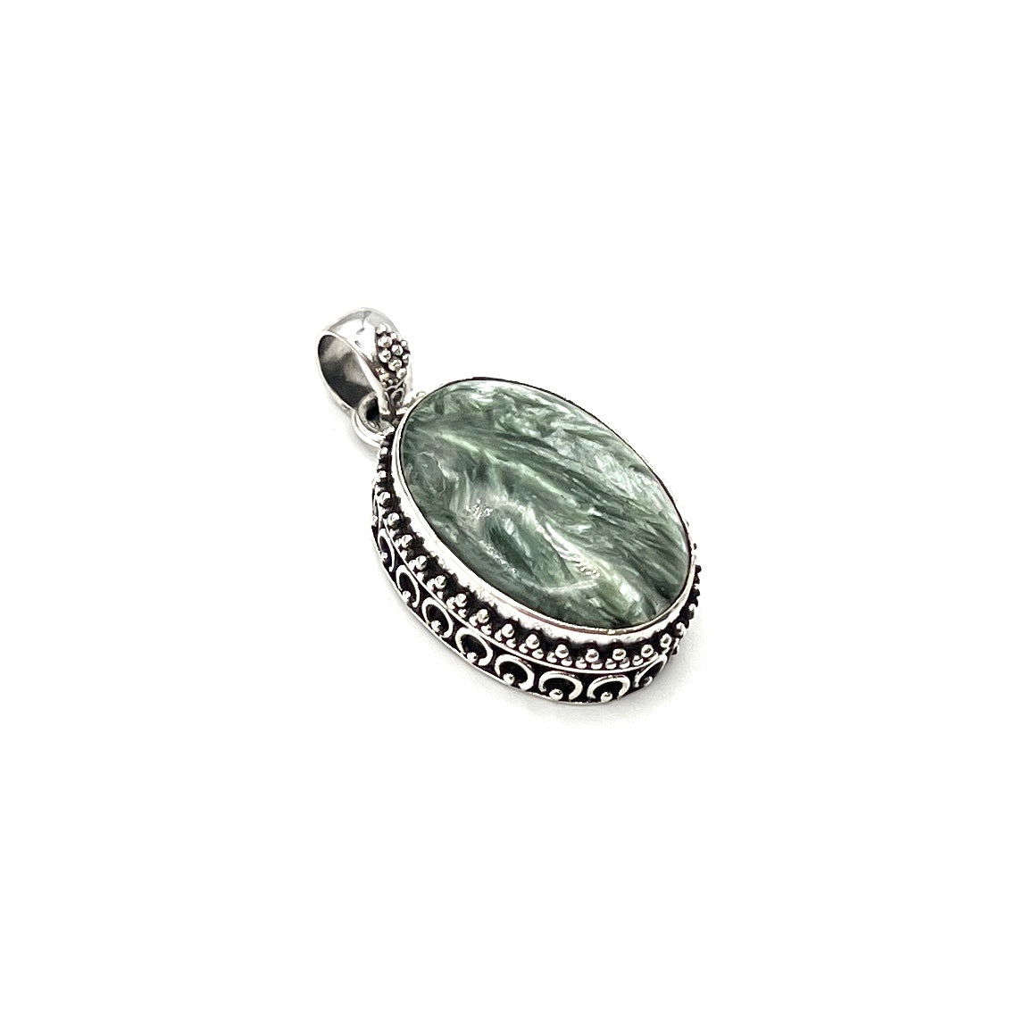 Sterling Silver Beaded Seraphinite Oval Pendants