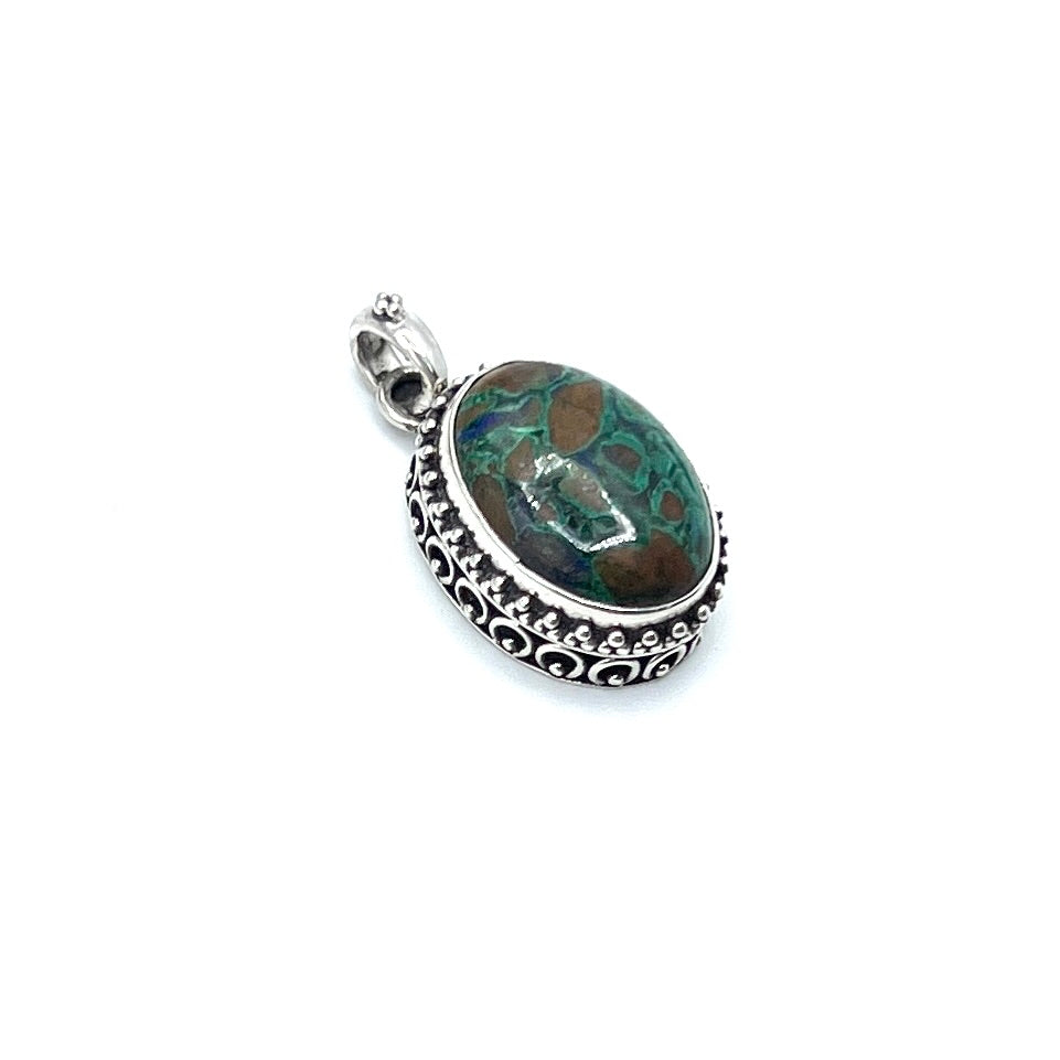 Sterling Silver Beaded Azurite & Malachite Oval Pendants