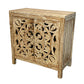 A white washed teak wood vanity with hand made mandala designs on the front, featuring two doors and a center opening.