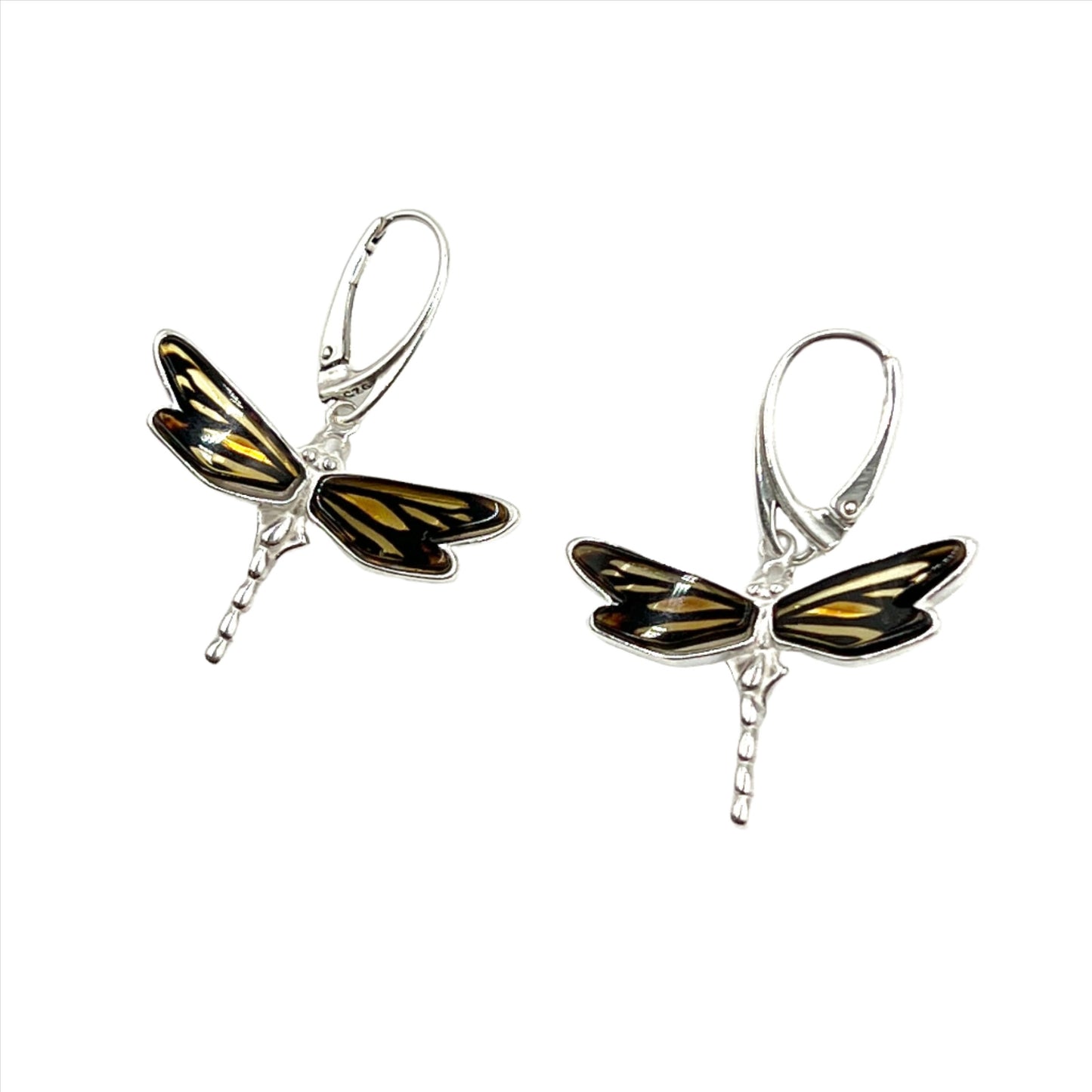 Sterling Silver Amber Dragonfly Earrings