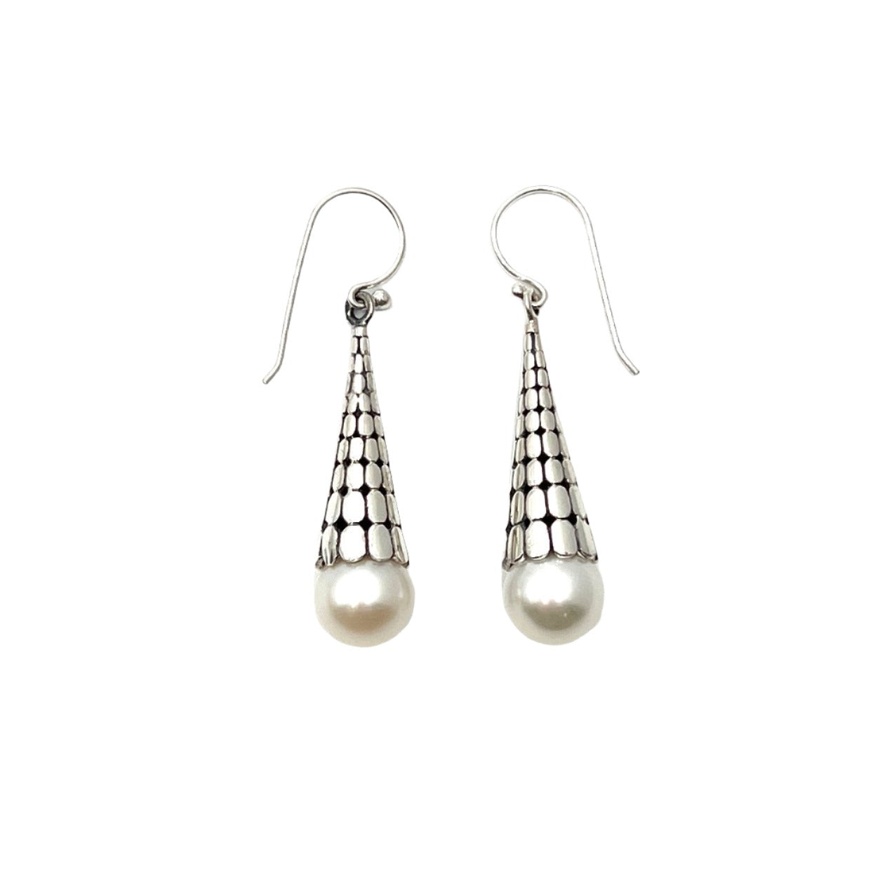 Sterling Silver Flat Beaded Drop Pearl Earrings