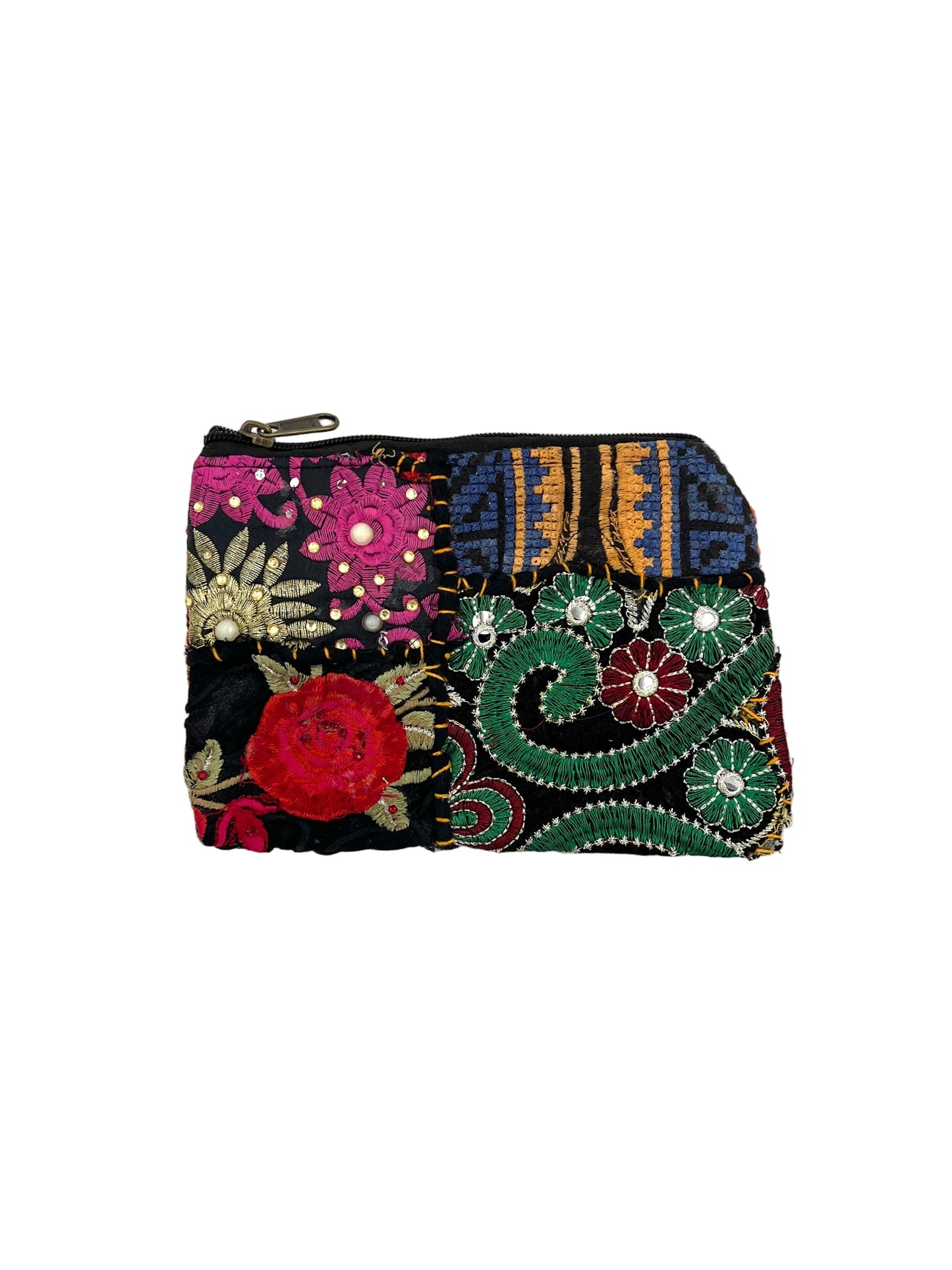 Colorful embroidered clutch bag on a white background