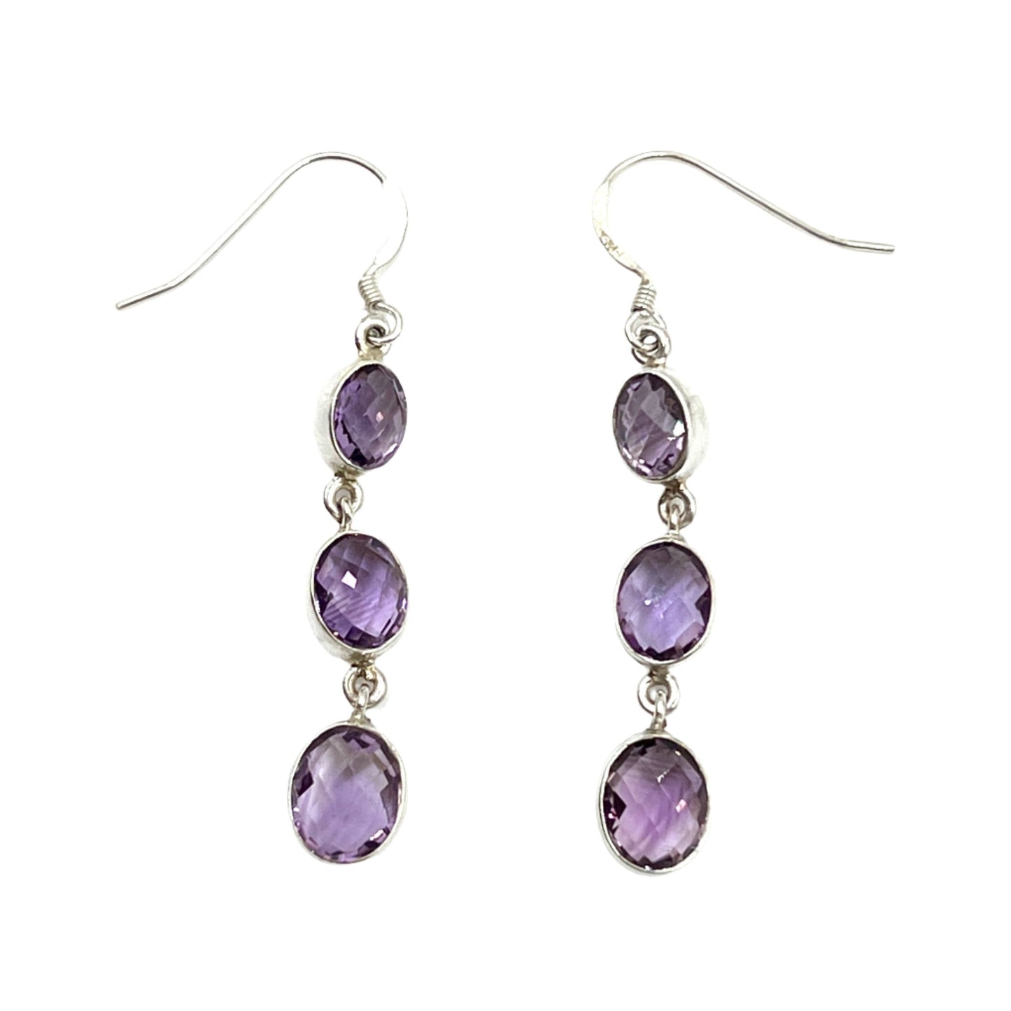 Sterling Silver Faceted Triple Amethyst Earrings