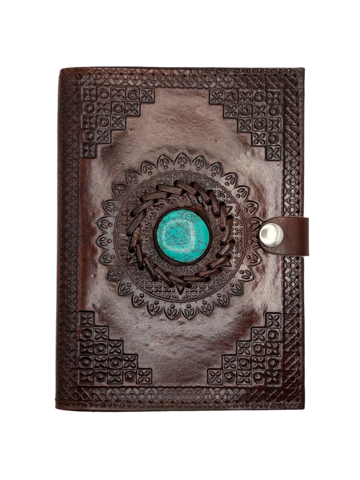 Camel Leather Gemstone Journal | Blocked Leaf Mandala | 7" x 5" x 1/2"