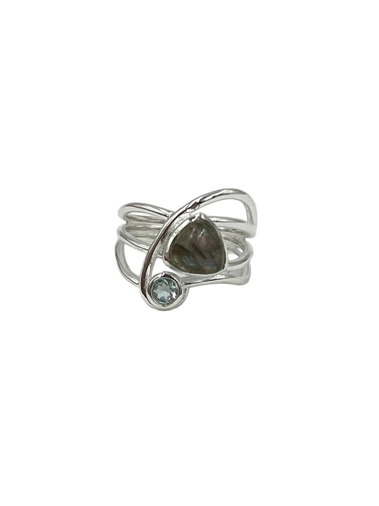 Trillion Labradorite & Blue Topaz Ring