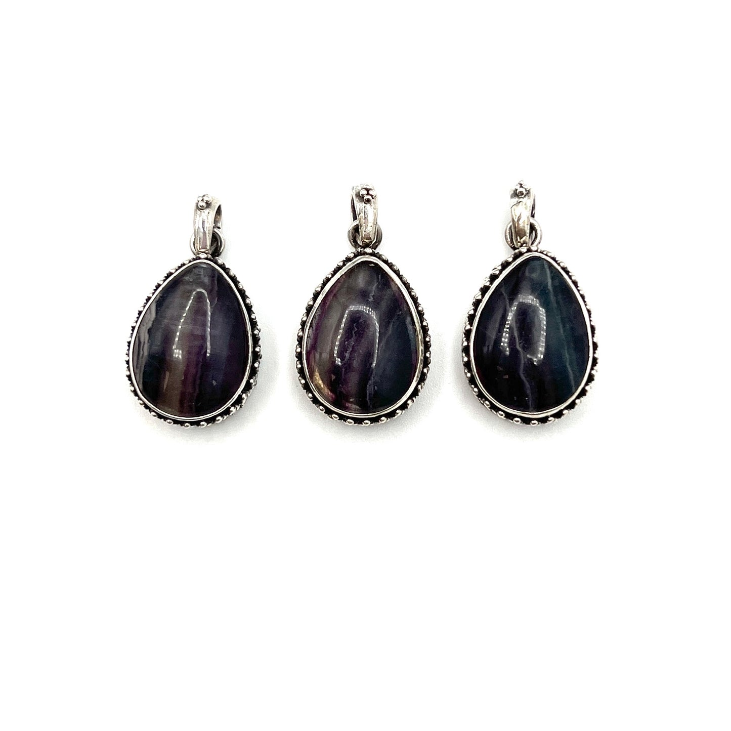 Sterling Silver Beaded Fluorite Teardrop Pendants