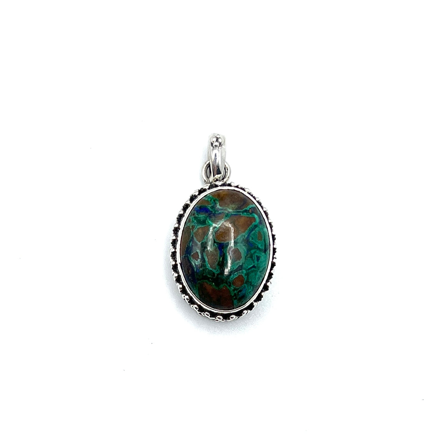 Sterling Silver Beaded Azurite & Malachite Oval Pendants