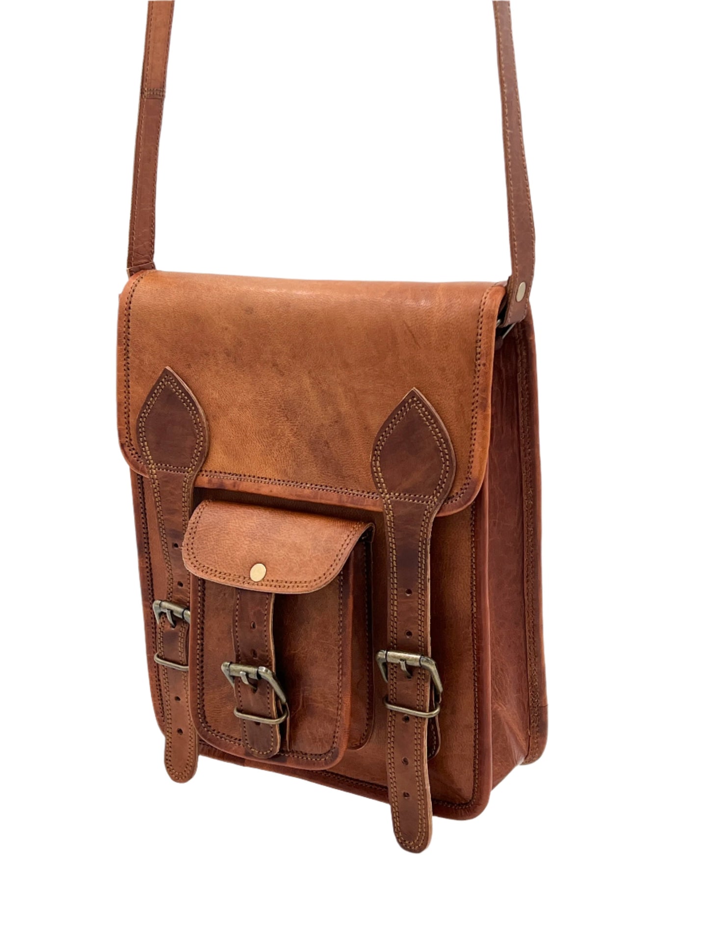 Camel Leather Cross Body Messenger Bag