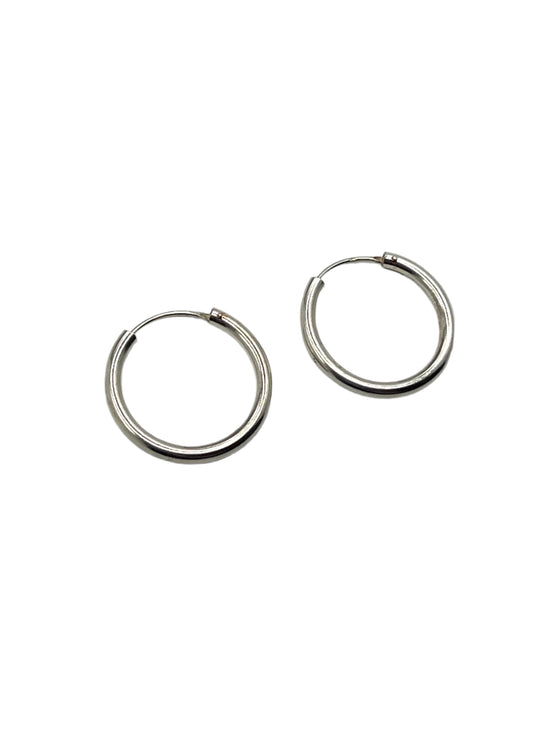 Pair of silver hoop earrings on a light gray background