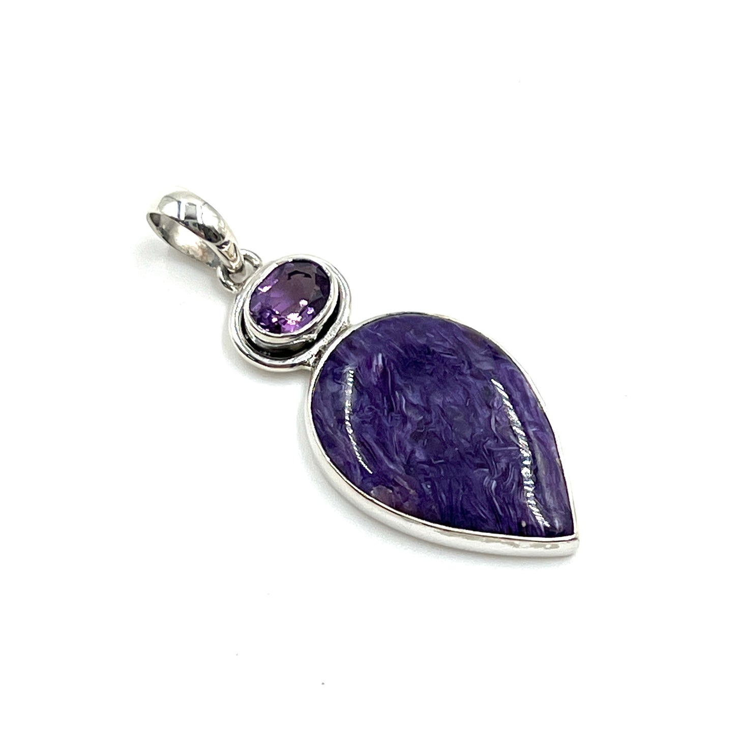 Sterling Silver Amethyst & Charoite Teardrop Pendants