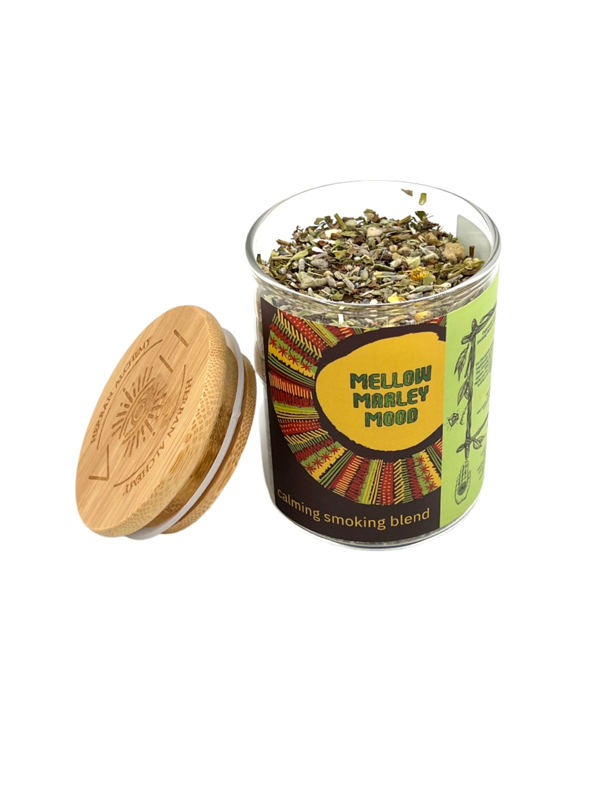 Glass jar with wooden lid containing a smoking blend labeled 'Mellow Marley Mood' on a white background.