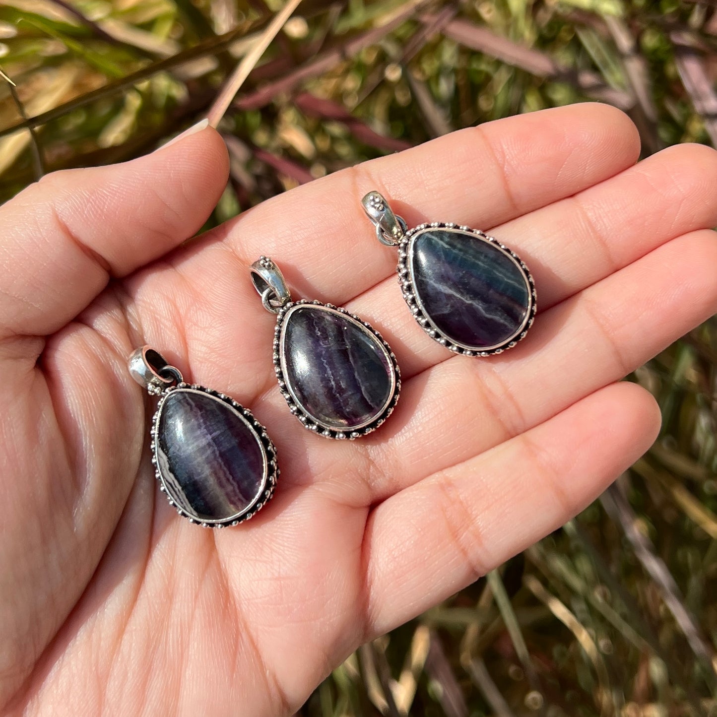 Sterling Silver Beaded Fluorite Teardrop Pendants