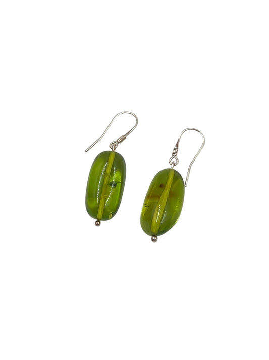 Silver Green Amber Earrings