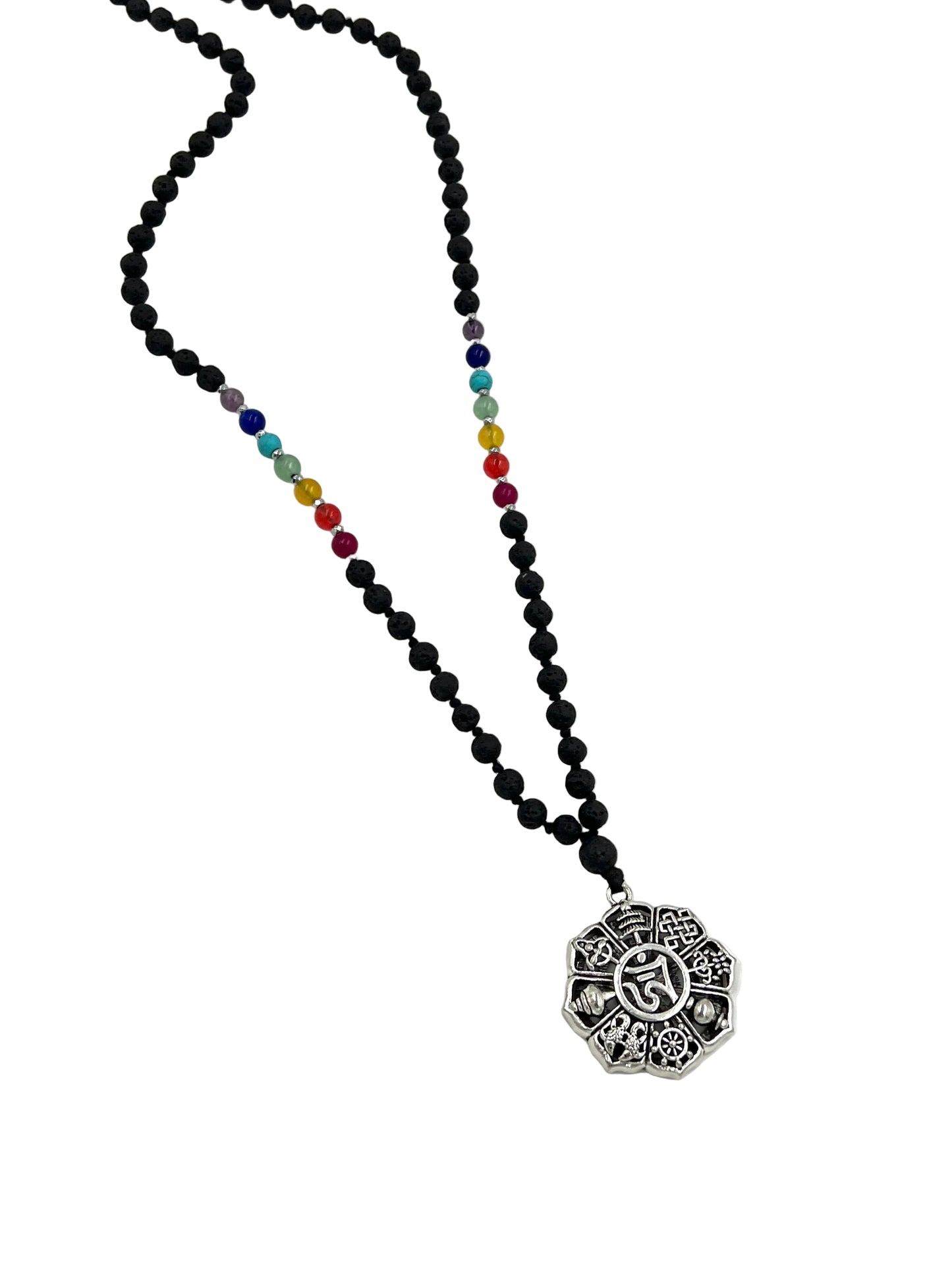 Hand knotted Lava Stone Astamangala Charka Mala