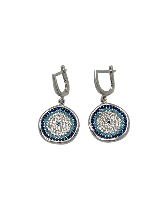 Silver Evil Eye Wavy Dangle Earrings
