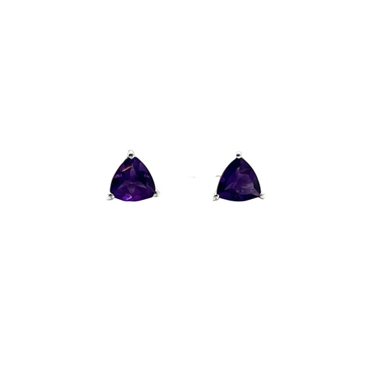 Pair of purple gemstone stud earrings on a white background