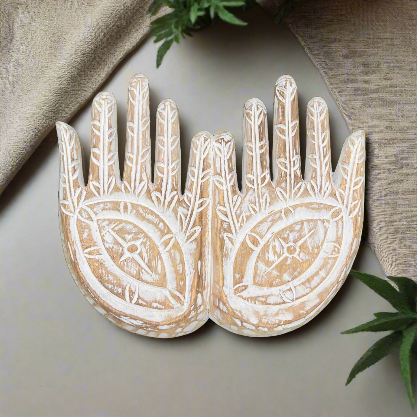 Hand carved White Hamsa Plate, front view