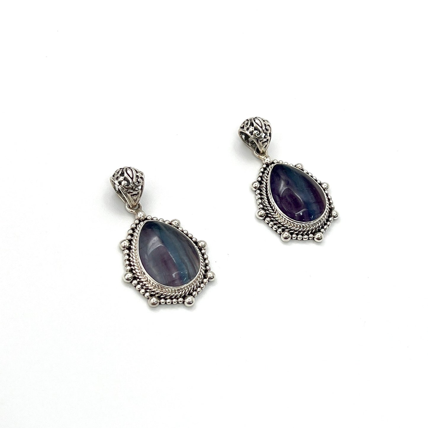 Sterling Silver Beaded Fluorite Teardrop Pendants