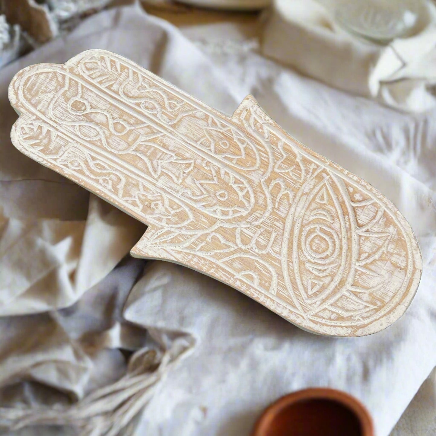 hand carved hamsa hand white wood plate, from side