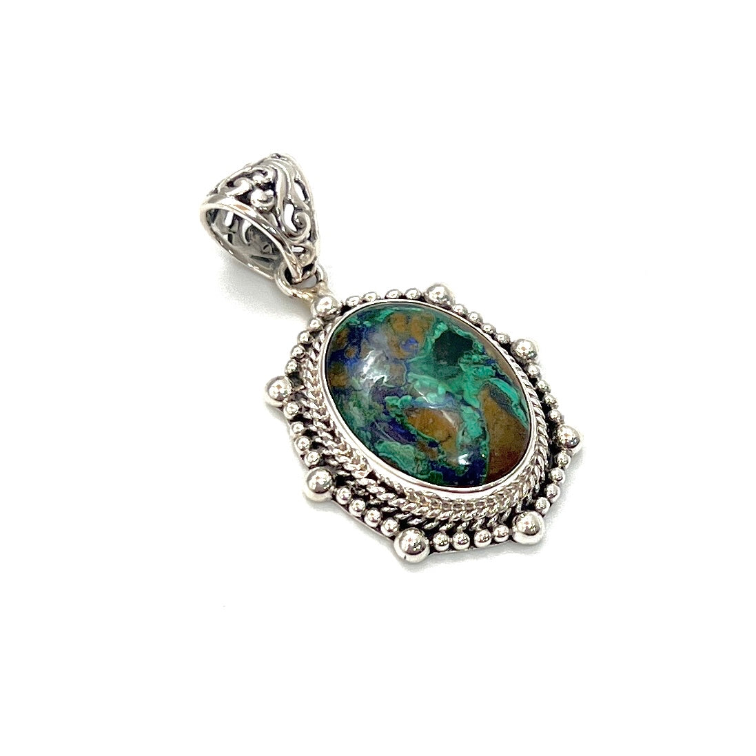 Sterling Silver Beaded Azurite & Malachite Oval Pendants