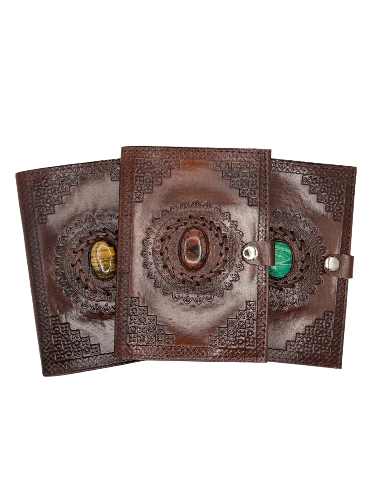 Camel Leather Gemstone Journal | Blocked Leaf Mandala | 7" x 5" x 1/2"