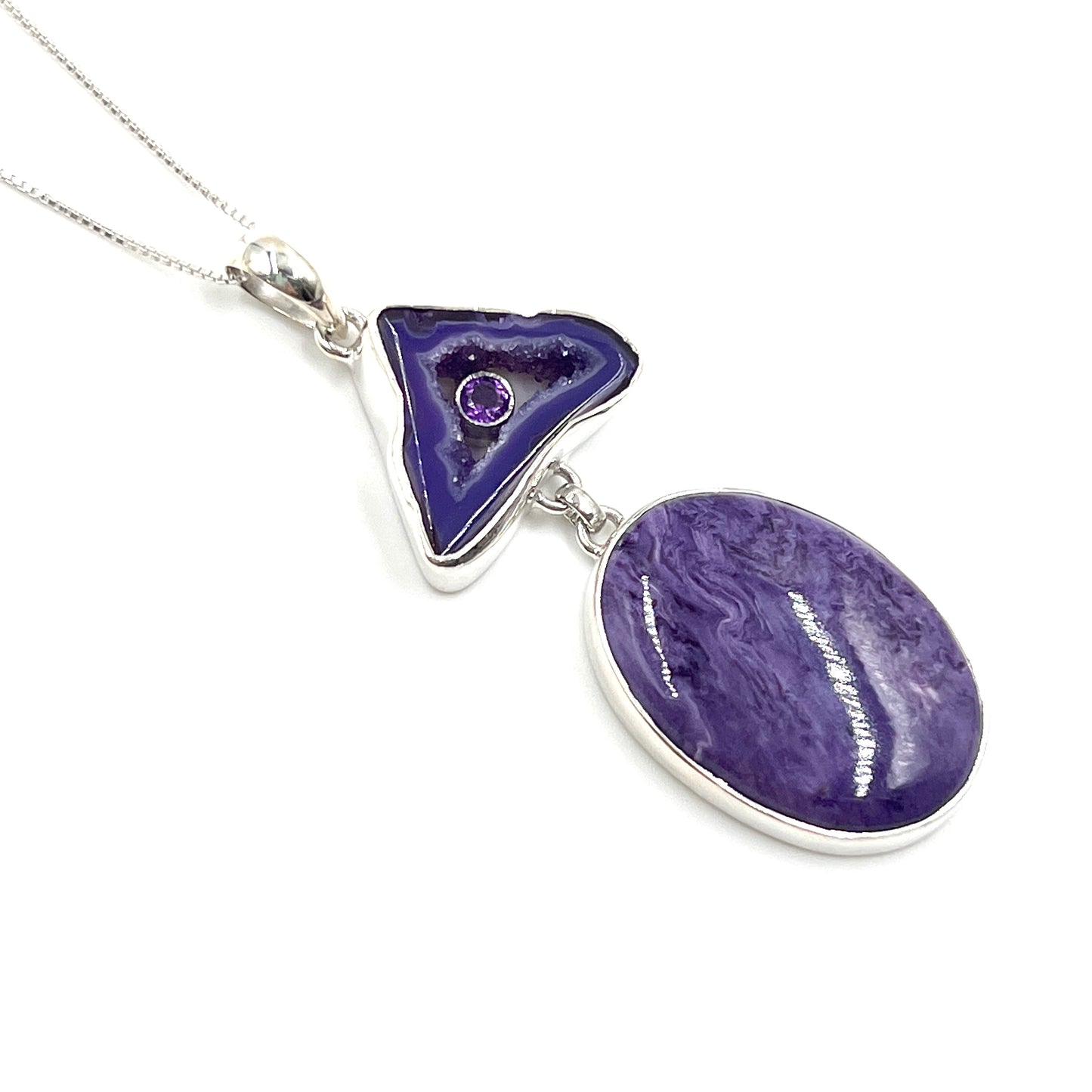 Sterling Silver Charoite & Purple Agate Druzy Necklaces