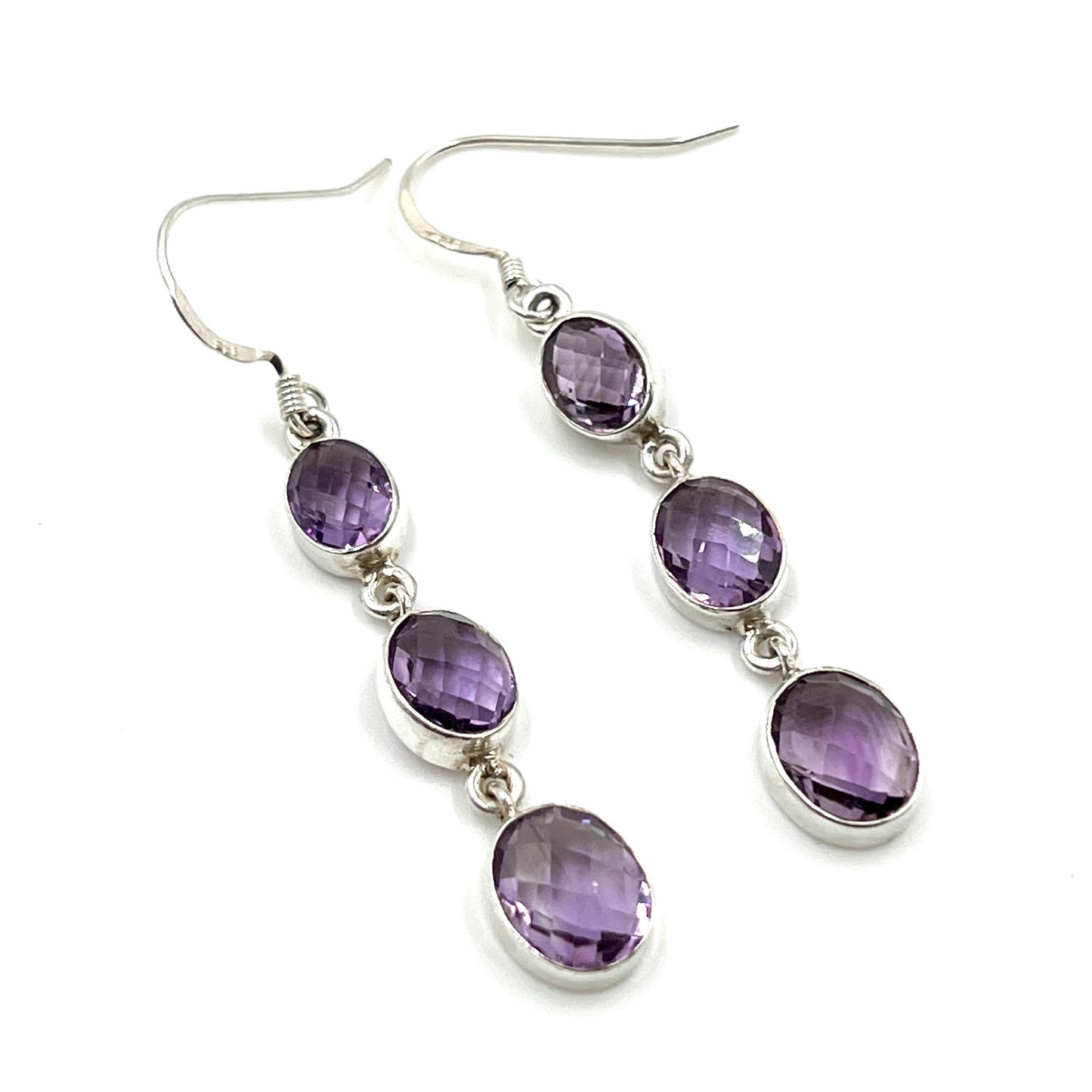 Sterling Silver Faceted Triple Amethyst Earrings