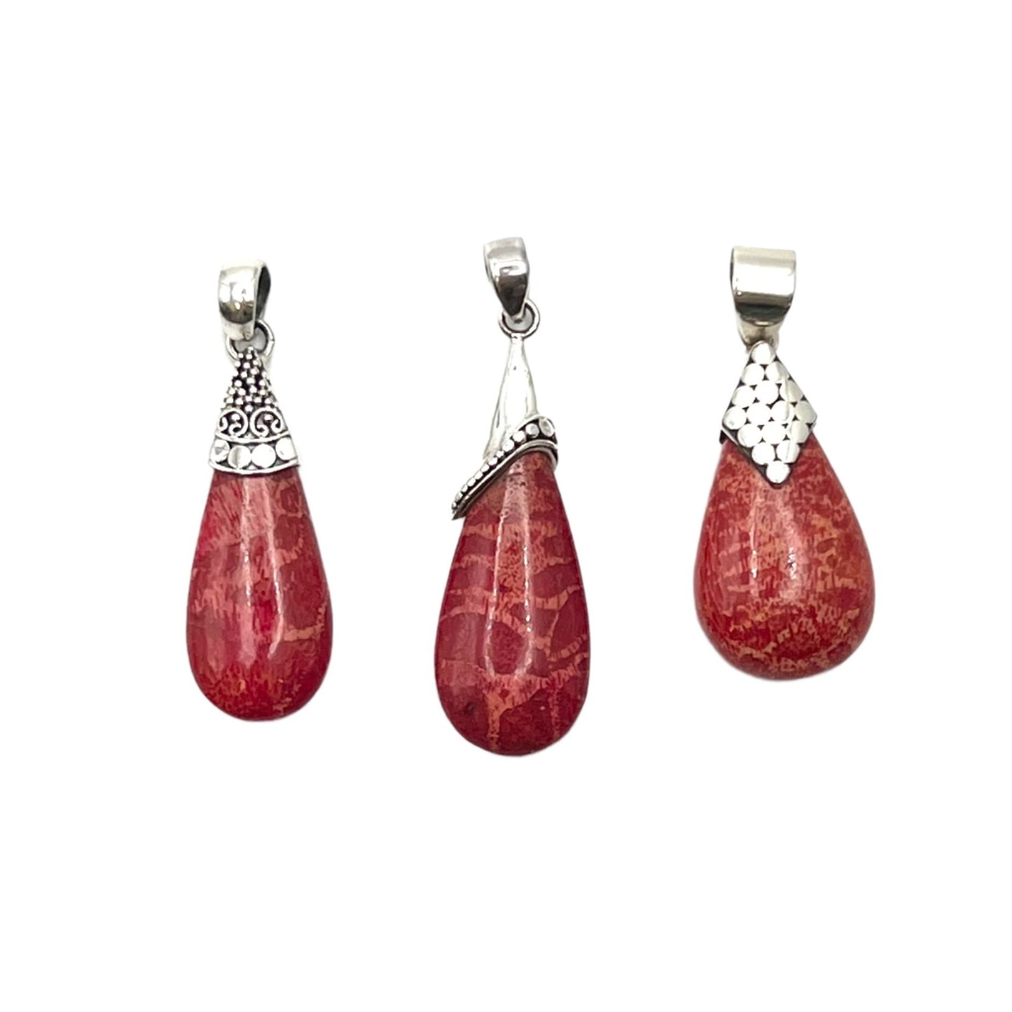 Sterling Silver Red Coral Beaded Teardrop Pendant